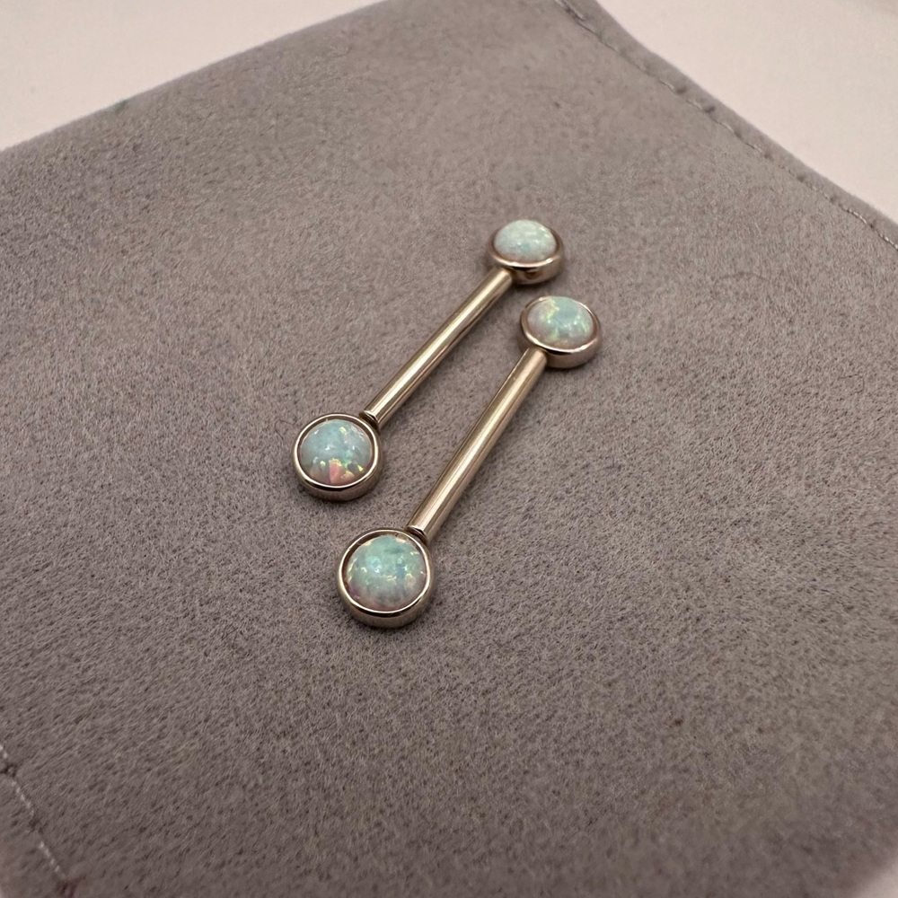 Solid 14K yellow Gold barbell nipple jewelry opal